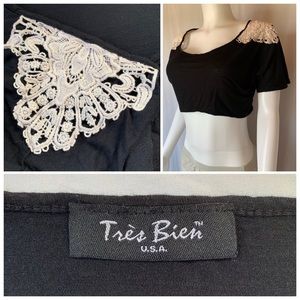 Tres bien crocheted lace embellished crop top